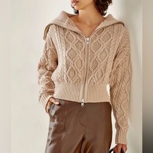 SELF PORTRAIT Taupe Cable Knit Zip Cardigan in Neutral Beige